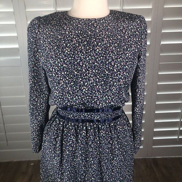 Vtg 80s Stuart Alan Petites Blue Floral Secretary Dress 14 Blouson Prairie - Picture 5 of 12